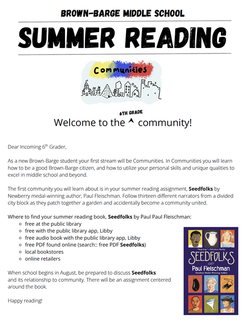 Summer Reading for incoming sixth graders is Seedfolks.